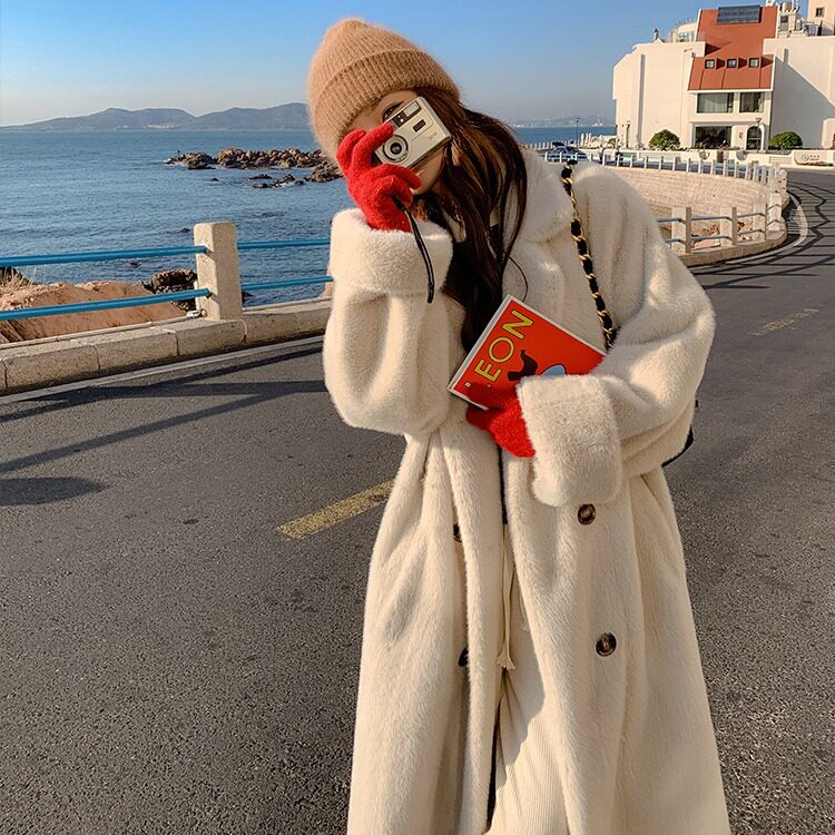 冬季加厚长款仿水貂绒气质皮草女韩版西服领皮毛一体过膝外套大衣