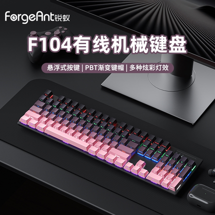 锐蚁F104机械键盘有线电竞游戏办公104键RGB三模键盘青轴红轴茶轴