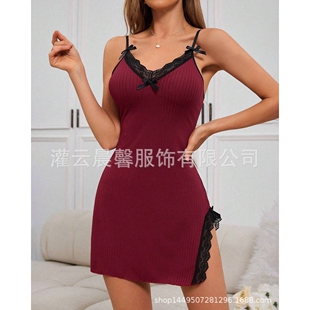 亚马逊欧美热销女士睡裙家居服夏季吊带V领蕾丝开叉罗文居家睡衣