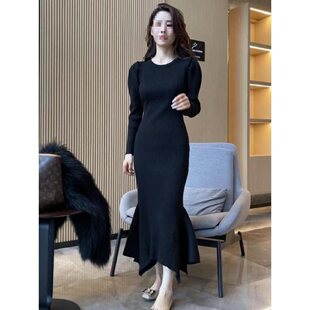 秋冬包臀针织连衣裙春秋新款修身显瘦长款内搭打底毛衣裙鱼尾裙子