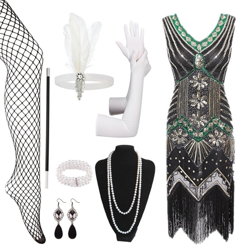 S复古亮片流苏裙盖茨比舞会晚礼服含配件套装1920亚马逊热卖欧美
