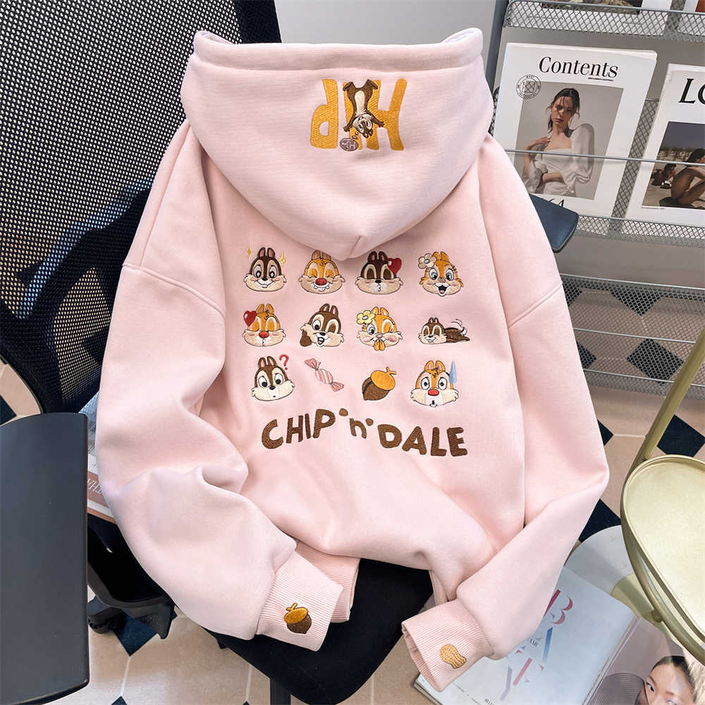 韩系可爱甜美加绒加厚连帽卫衣女秋冬季欧货时尚洋气刺绣上衣外套