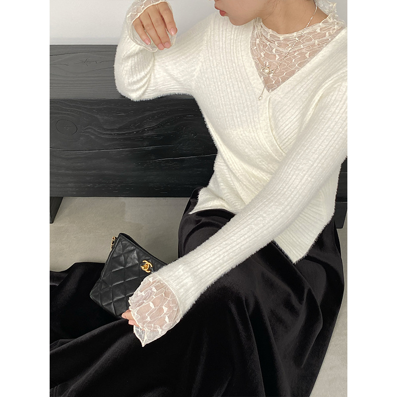 江左 纯欲蕾丝打底针织衫女秋冬2025新款设计感水貂绒冬上衣