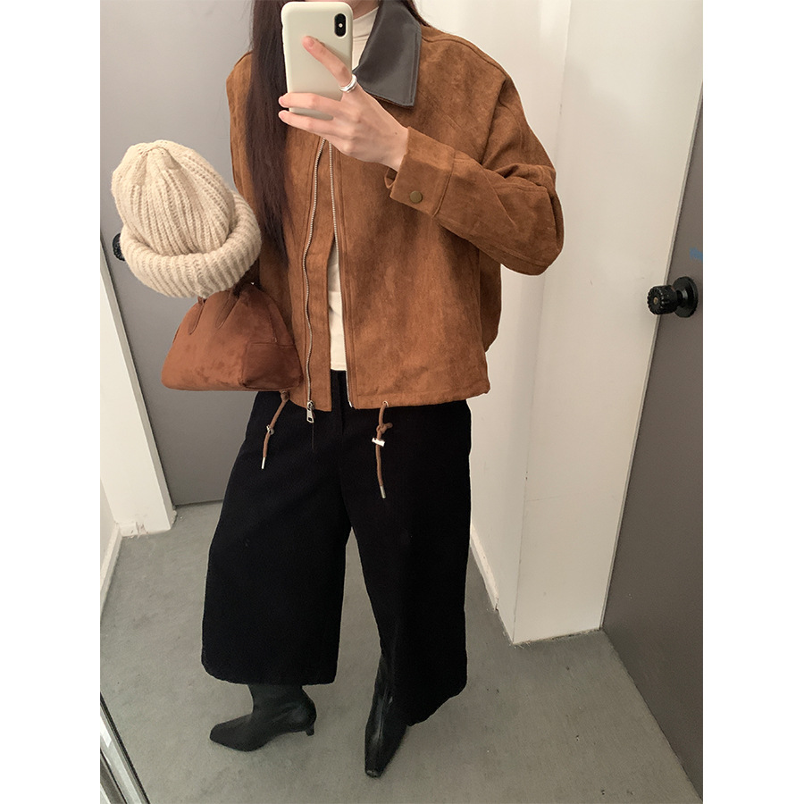 复古皮领麂皮绒短款外套女冬新款百搭机车夹克上衣
