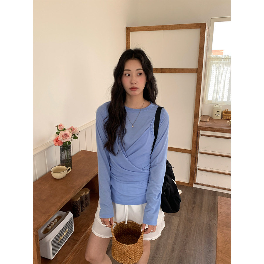 感交叉假两件T恤女春款亲肤圆领长袖上衣
