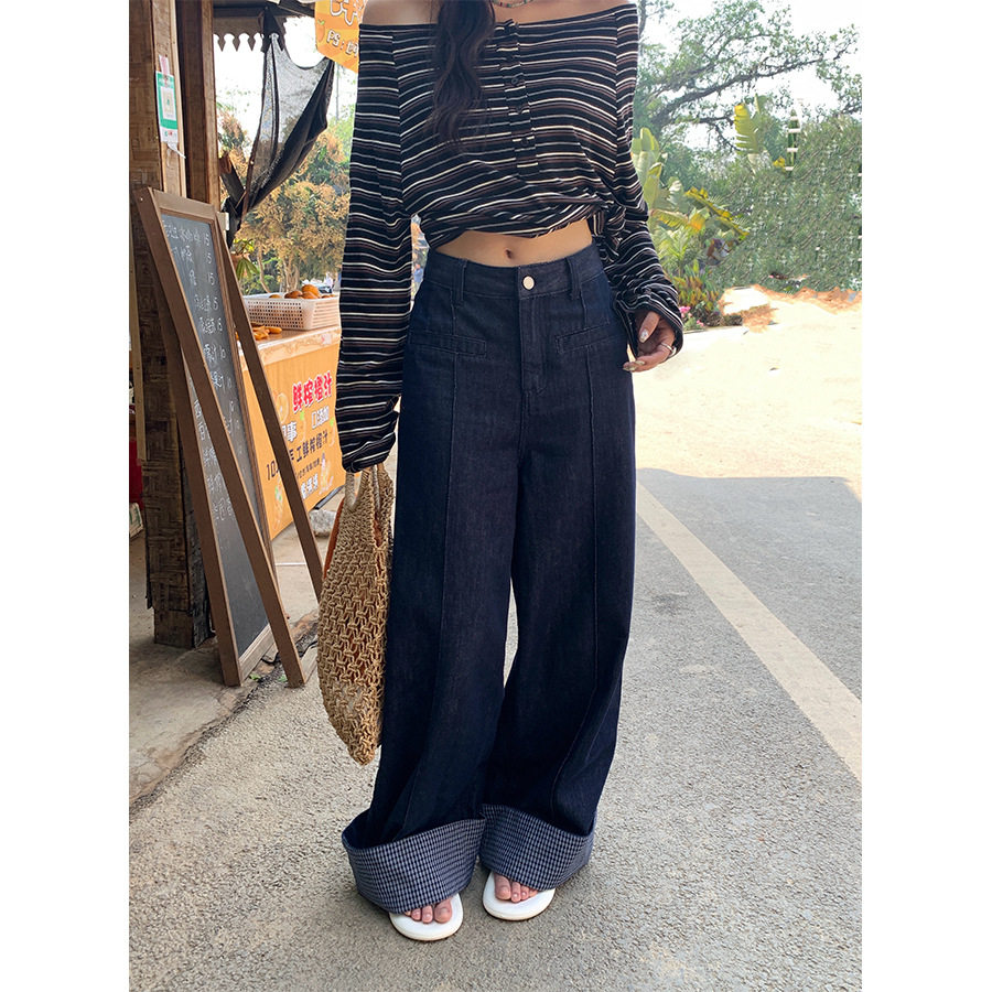 裤脚拼接高腰阔腿牛仔裤女夏款显瘦时尚款长裤
