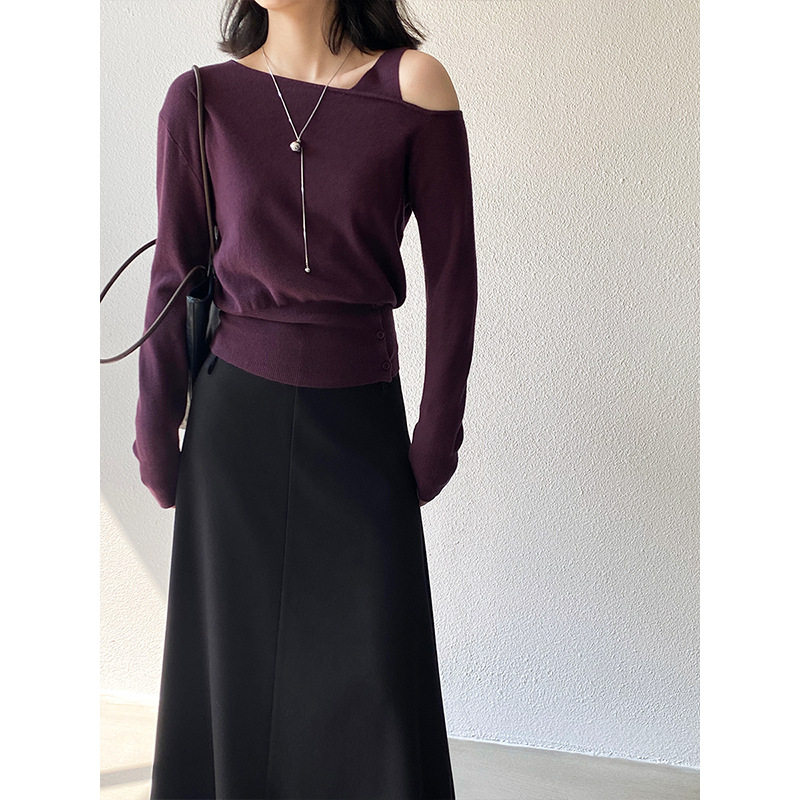 设计感时尚针织衫秋季韩系温柔气质别致独特斜肩上衣女