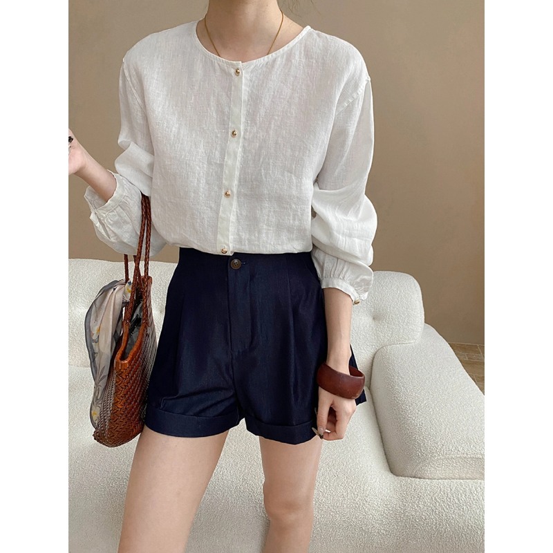 松弛感 亚麻百搭圆领宽松休闲防晒长袖衬衫