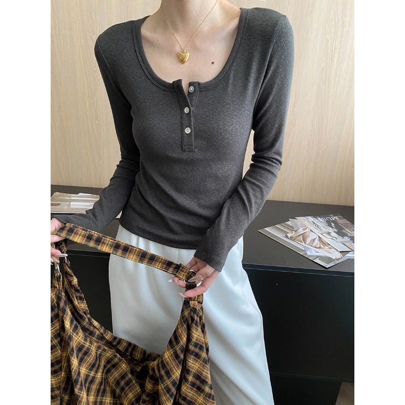 新款 设计感纽扣半门襟亨利领修身显瘦长袖T恤