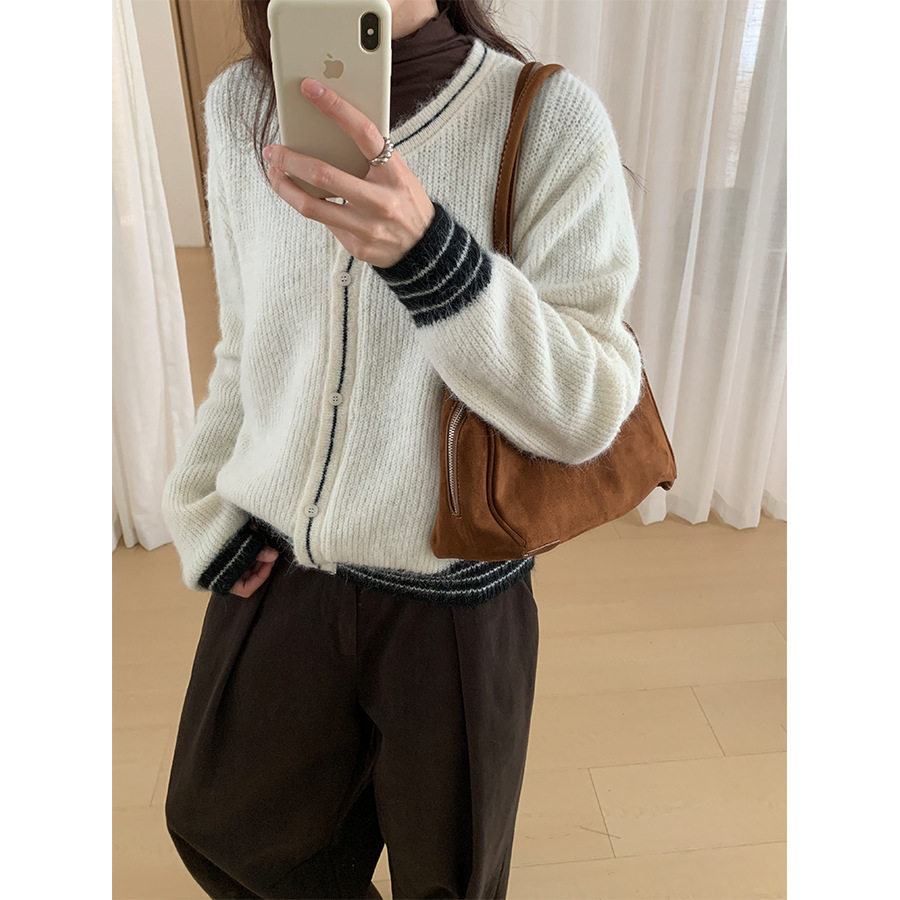 甜美撞色毛衣外套女秋冬软糯休闲气质针织开衫上衣