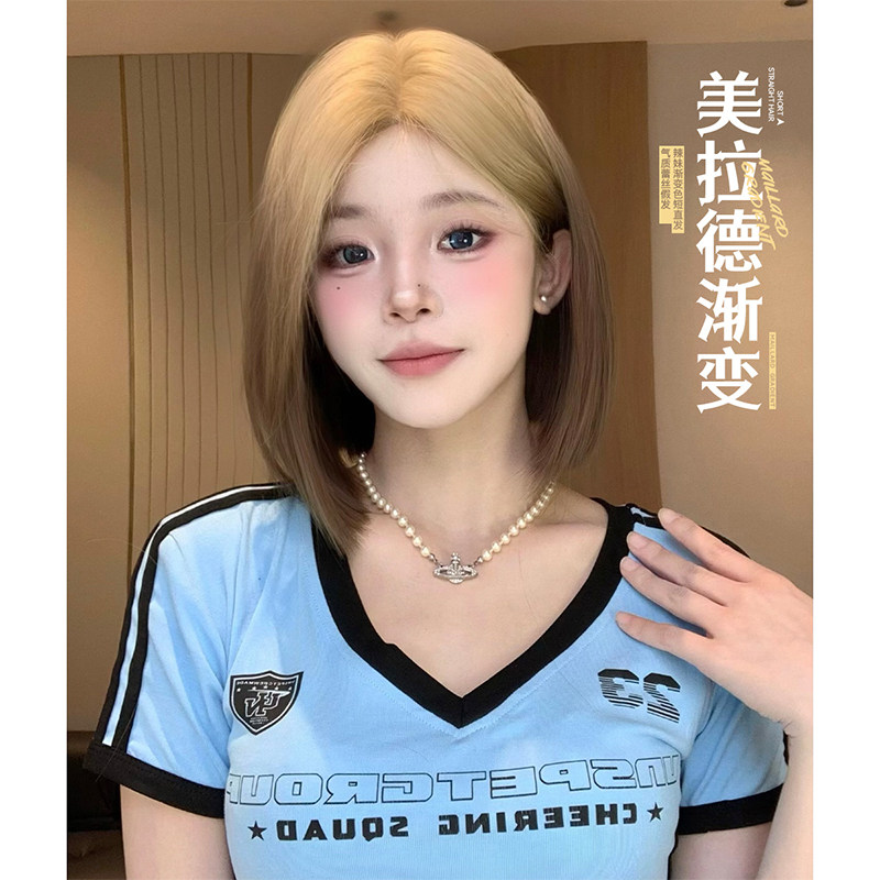 束朵假发女小额蕾丝时尚中分短直发日常网红风气质韩系甜美全头套