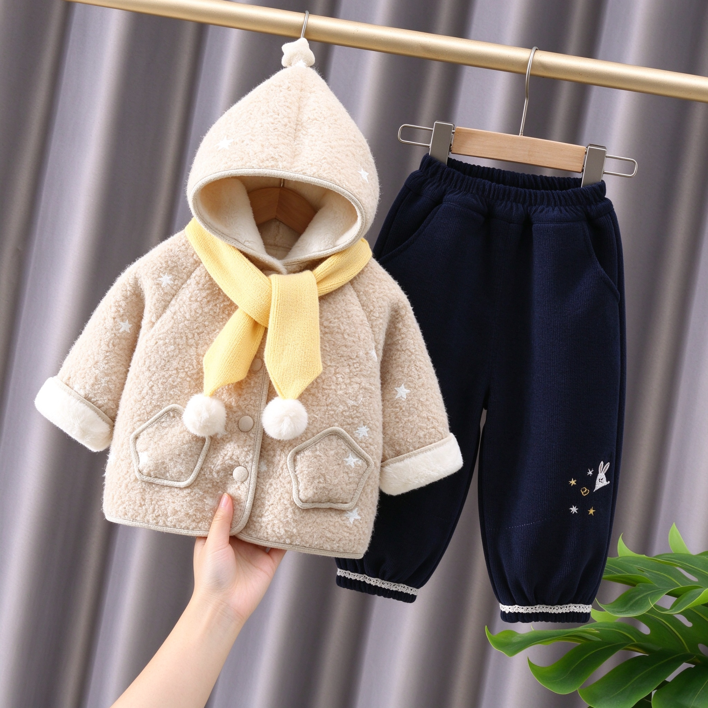 女童秋冬加绒加厚棉服套装