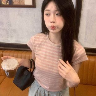 设计休闲撞色短袖 上衣条纹学生正肩女显瘦t恤百搭 潮新款 2025夏季
