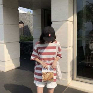条纹百搭原宿风 打底衫 2022韩版 圆领上衣T恤套头女潮宽松夏季 短袖