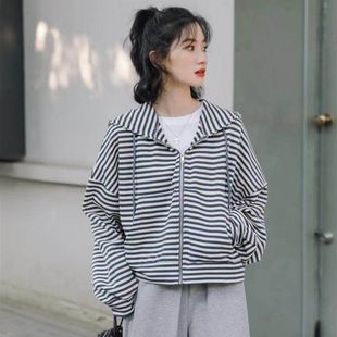 2023秋季 宽松薄款 开衫 女连帽条纹外套显瘦新款 卫衣运动女 长袖 韩版