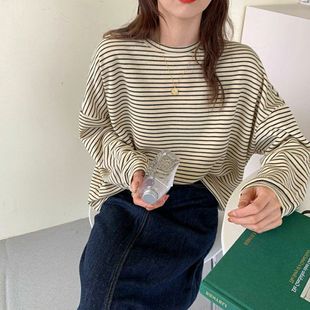 搭上衣内长袖 薄款 潮秋季 女装 条纹2024学生t恤 圆领打底衫 宽松新款