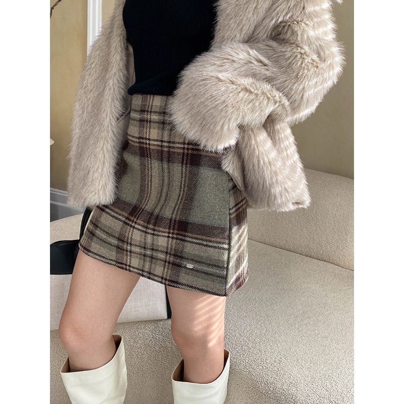 简简 圣诞棕榈 氛围感格纹撞色高腰显瘦A字毛呢半身短裙 JJ6923