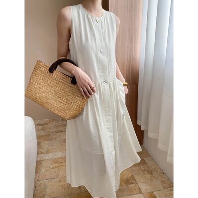 简简 夏日温柔 法式复古圆领宽松显瘦A字无袖背心连衣裙 JJ7621