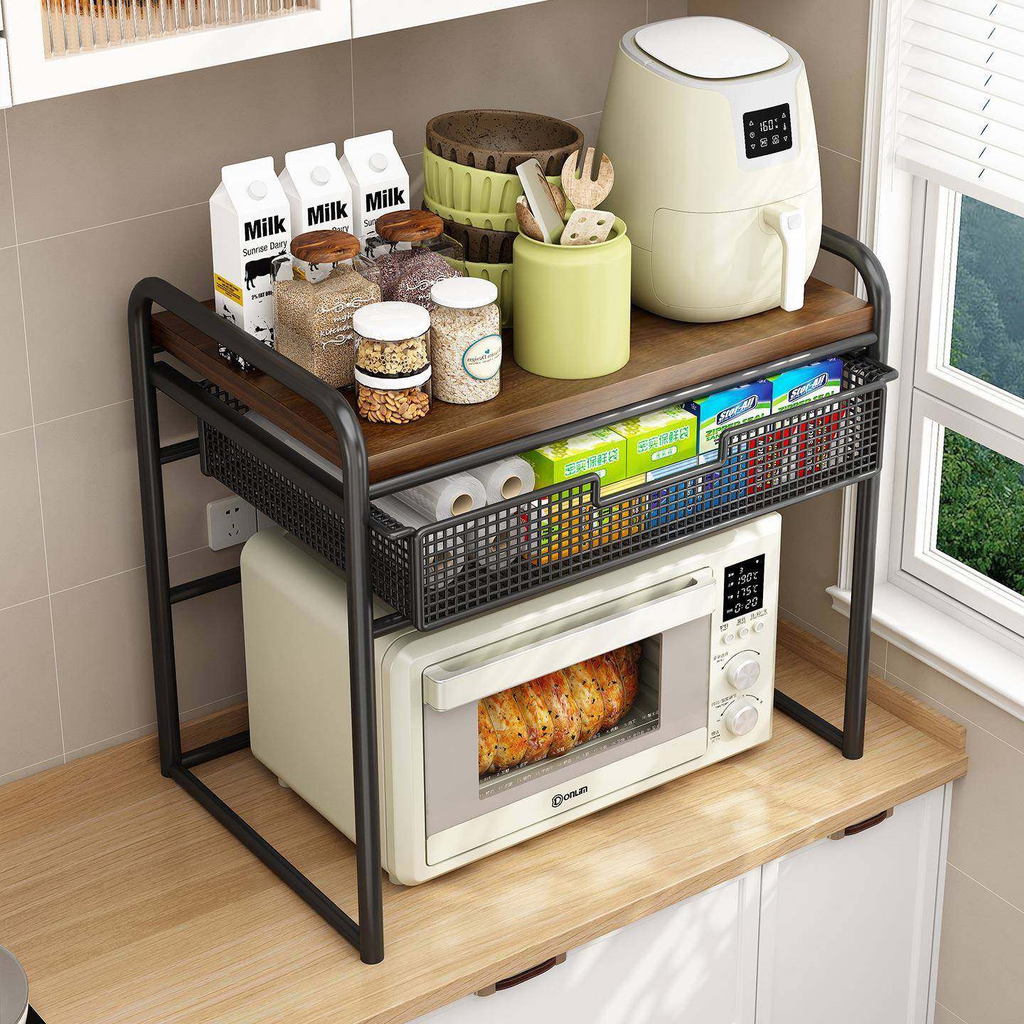 厨房微波炉置物架台面分层烤箱架抽屉式保鲜膜储物架多功能调料架,厨房/烹饪用具,抹布架/厨房清洁收纳架,淘宝优惠券,粉丝福利购,淘宝优惠卷