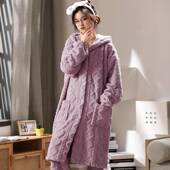可外穿睡衣女新款 套装 法兰绒加厚长款 提花珊瑚绒连帽长款
