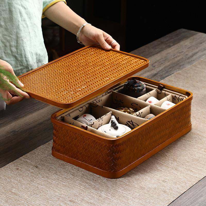 竹编内衬分隔篮手工带盖提篮复古篮食盒便携功夫茶茶道茶具收纳盒,特色手工艺,竹编/竹雕,淘宝优惠券,粉丝福利购,淘宝优惠卷