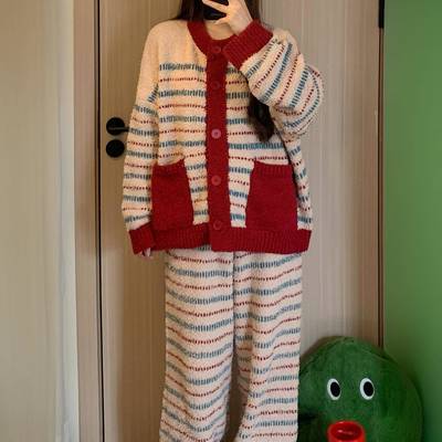 大码条纹半边绒睡衣女冬季2025新款加绒加厚本命年红色家居服套装