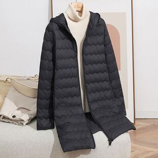 秋冬新款时尚连帽波浪中长款轻薄款羽绒服女拉链外套保暖潮
