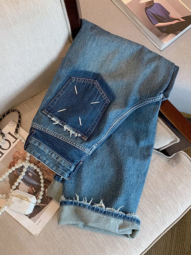 AMERICAN VINTAGE HIGH STREET RAW EDGE DISTRESSED JEANS FOR MEN AND WOMEN SPRING SUMMER VIBE STYLE STRAIGHT HIGH WAIST CASUAL LONG PANTS TIDE