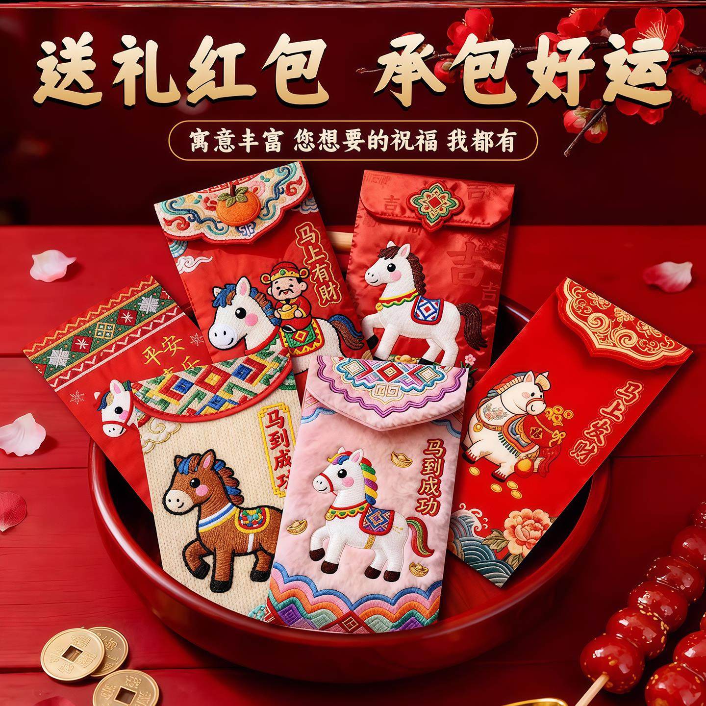 2026创意新款仿真刺绣卡通马红包马年新款5D印刷可爱过年压岁包