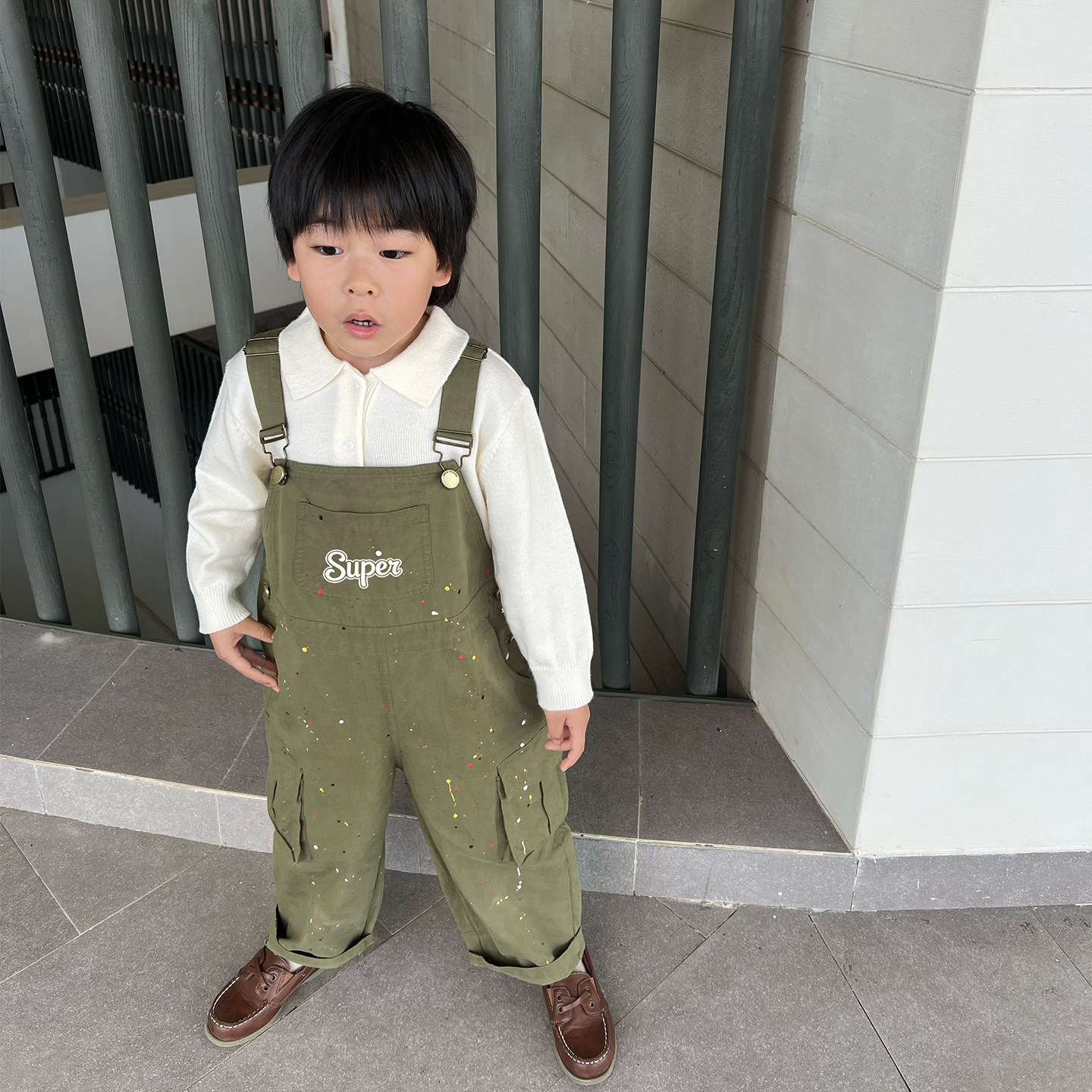 pumpkin 2026新款早春儿童军绿色泼墨刺绣工装背带裤男童连体裤潮