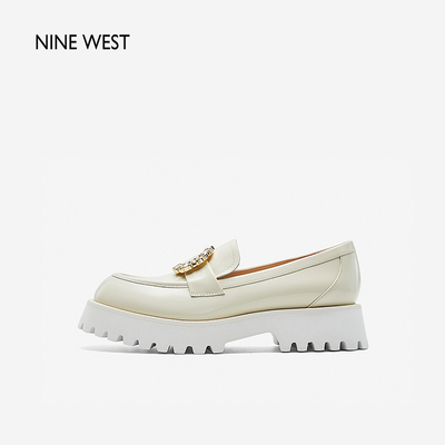 Nine West/玖熙女鞋漆皮钻扣厚底乐福鞋春季清仓款英伦一脚蹬皮鞋