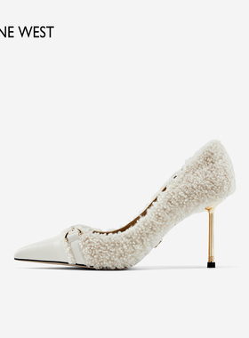 【断码清仓】Nine West/玖熙春秋季高跟鞋羊羔毛拼接细跟尖头单鞋