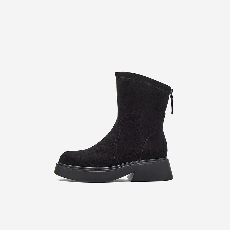 Nine West/玖熙冬季清仓时装靴女圆头羊反绒绒里中跟短靴百搭通勤