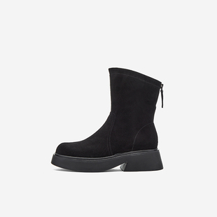 清仓时装 玖熙冬季 靴女圆头羊反绒绒里中跟短靴百搭通勤 West Nine