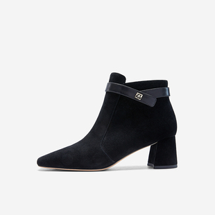 West 靴绒面方头粗高跟通勤时尚 玖熙女鞋 清仓时装 短靴女 冬季 Nine