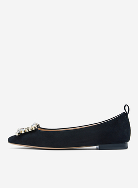 【清仓款】Nine West/玖熙春季低跟单鞋珍钻方扣复古绒面平底鞋女