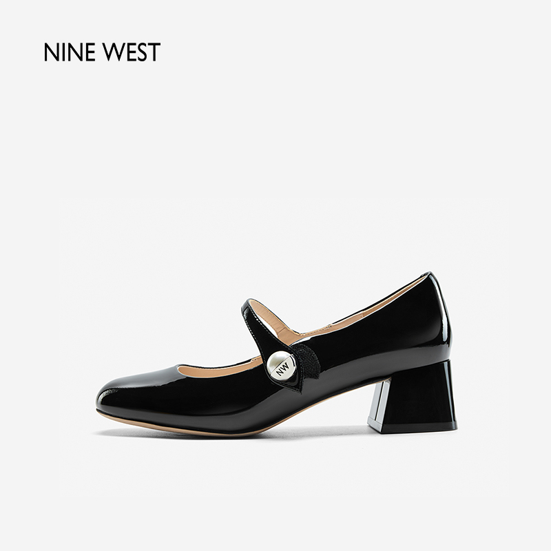 Nine West/J玖熙粗高跟玛丽珍鞋2024春季新款珍珠绊带圆头漆皮单