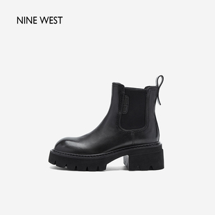 清仓款 Nine 秋冬季 玖熙女鞋 切尔西靴女粗跟绒感里料增高简约 West