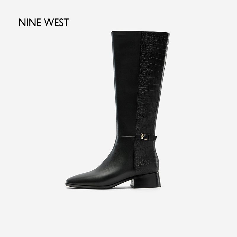 NineWest/玖熙鳄鱼纹高筒靴粗跟