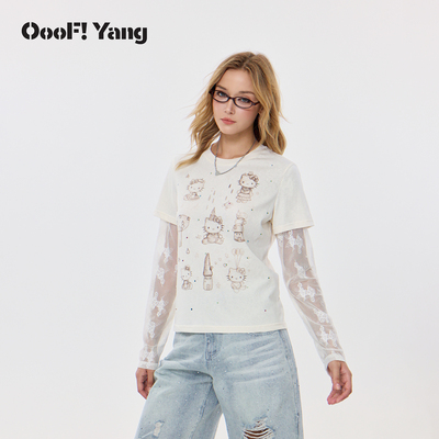 OooF!Yang烫钻假两件KT上衣T恤