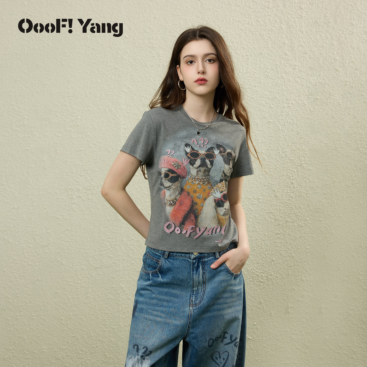 OooF!Yang斗牛冰丝T恤狗狗印花圆领休闲美式短袖上衣女2026夏新品