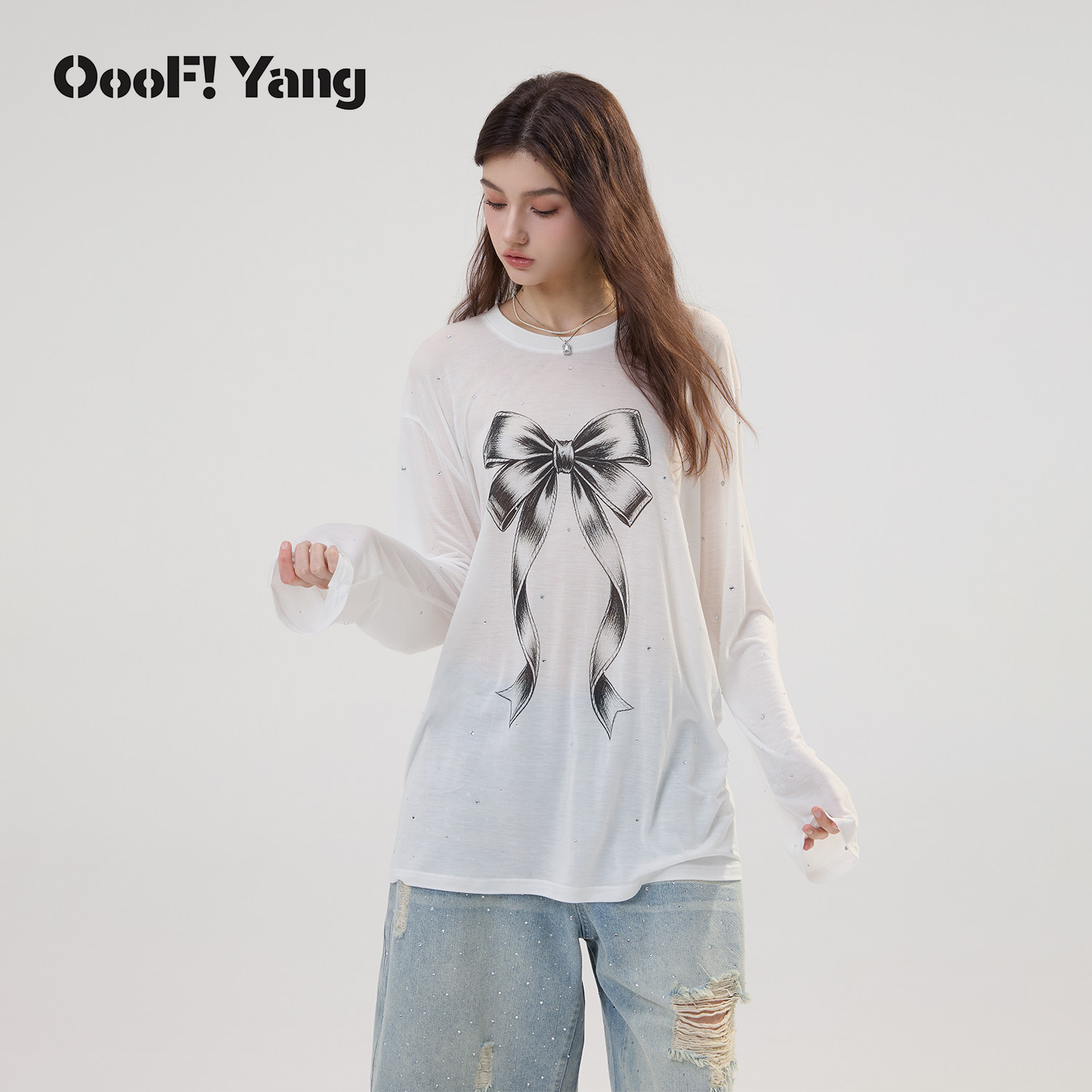 OooF!Yang蝴蝶结烫钻防晒T女装