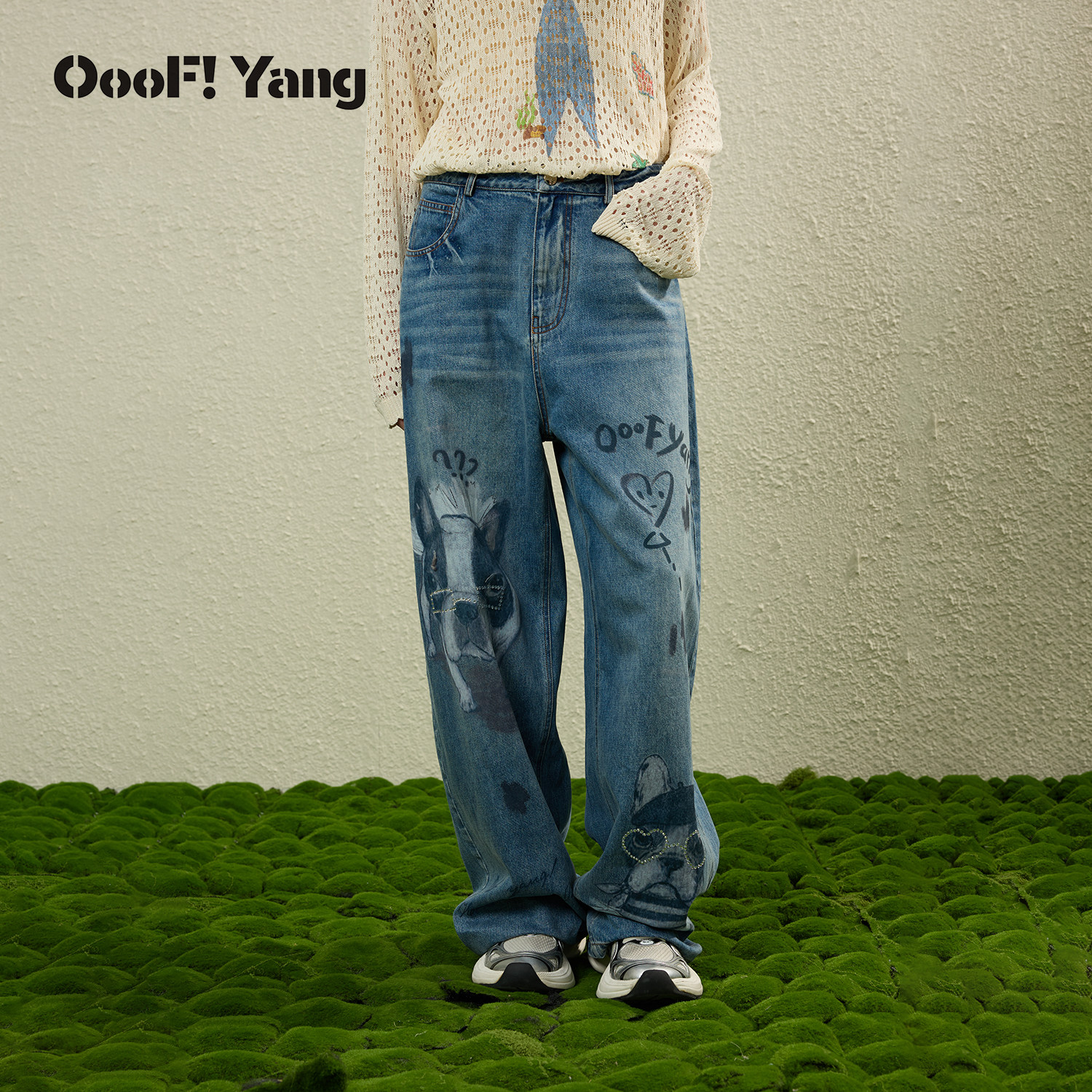 OooF!Yang斗牛印花牛仔裤