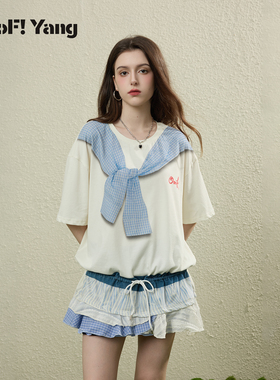 OooF!Yang3D印花T恤韩系学院风格纹海军领蝴蝶结印花上衣女2026夏