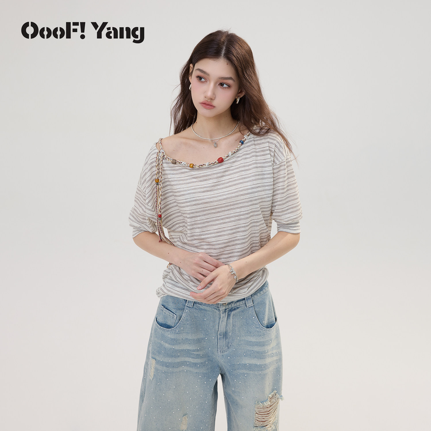 OooF!Yang穿绳条纹上衣短袖女装
