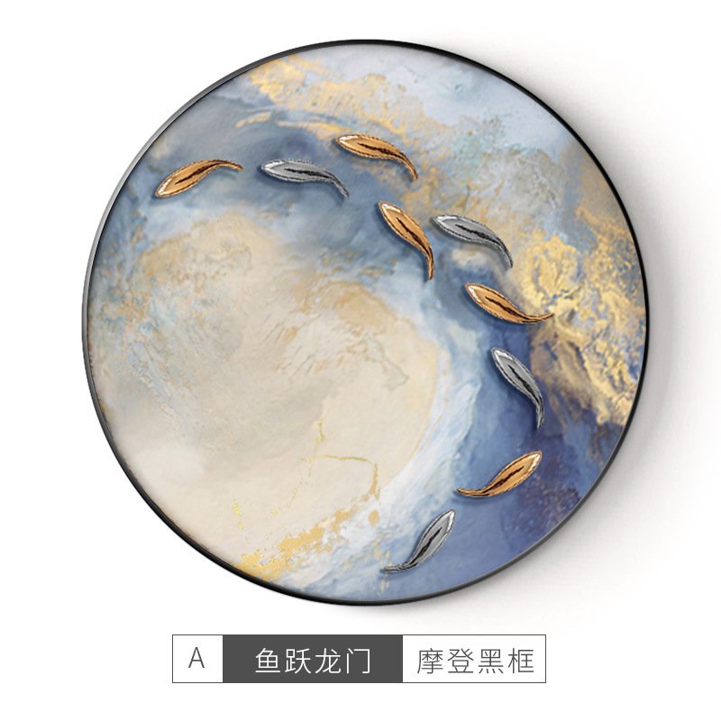 九鱼图手绘油画轻奢玄关装饰画立体圆形肌理画客厅沙发背景墙挂画图片