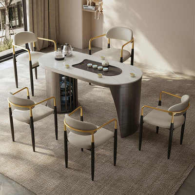 轻奢岩板茶桌椅组合一桌五椅现代简约阳台茶台烧水壶一体茶具套装