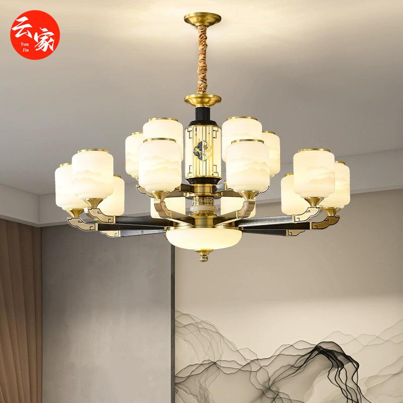 新中式全铜客厅吊灯自建房复式楼大吊灯高级感大厅灯中山家装灯具