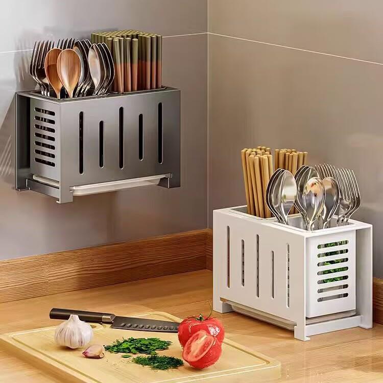 厨房筷子筒家用筷笼勺子置物架筷勺收纳盒壁挂式免打孔台面不锈钢