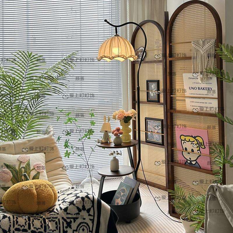 中古落地灯置物架一体美式复古客厅沙发边几氛围灯卧室床头柜台灯